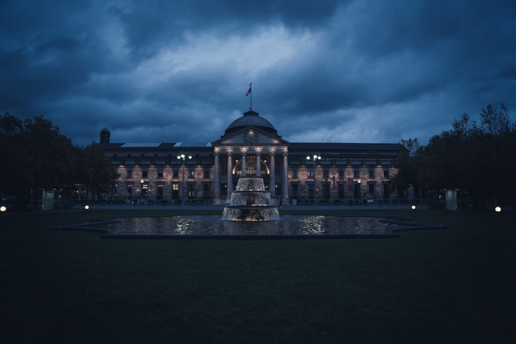 View of the Kurhaus in a beautiful part of Wiesbaden at night