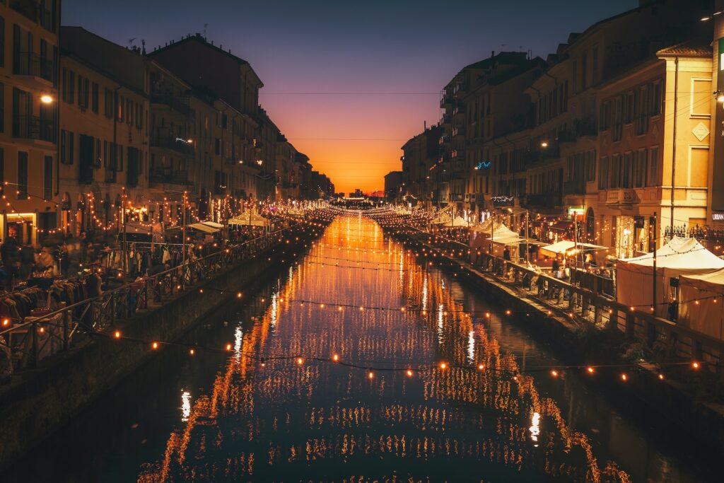 Gorgeous night view of Milan's canal district