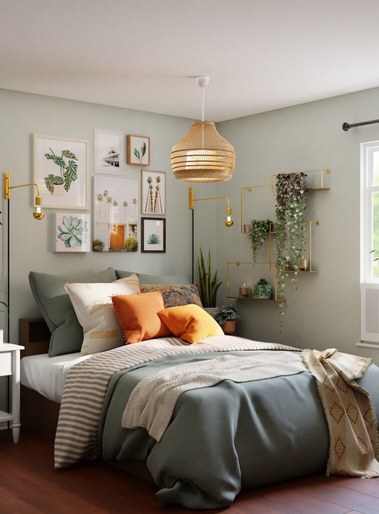 white bed with gray and white bed linen