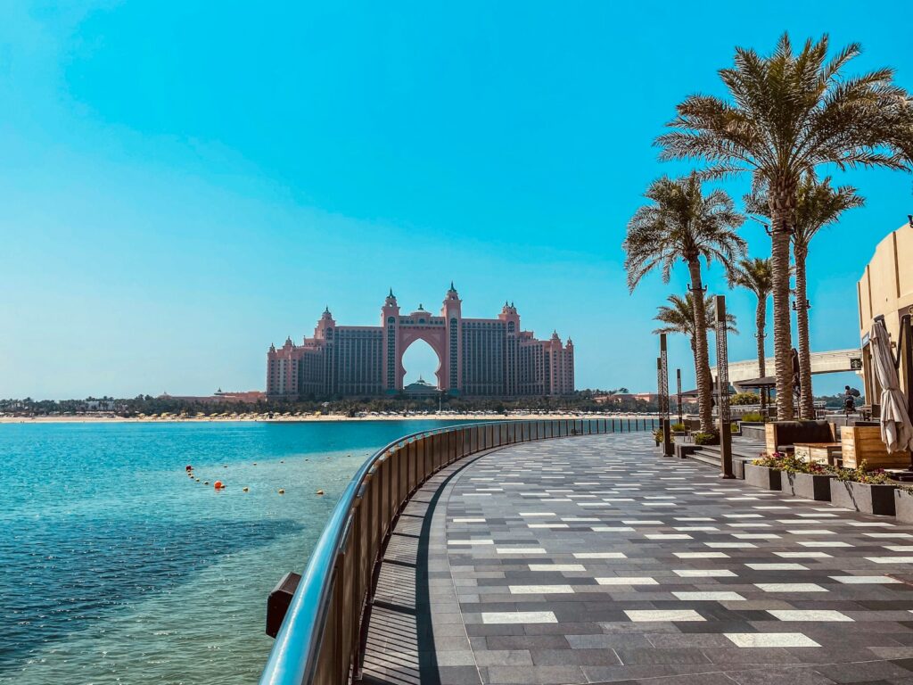 Palm Jumeirah island with luxurious beachfront villas and the Atlantis hotel.