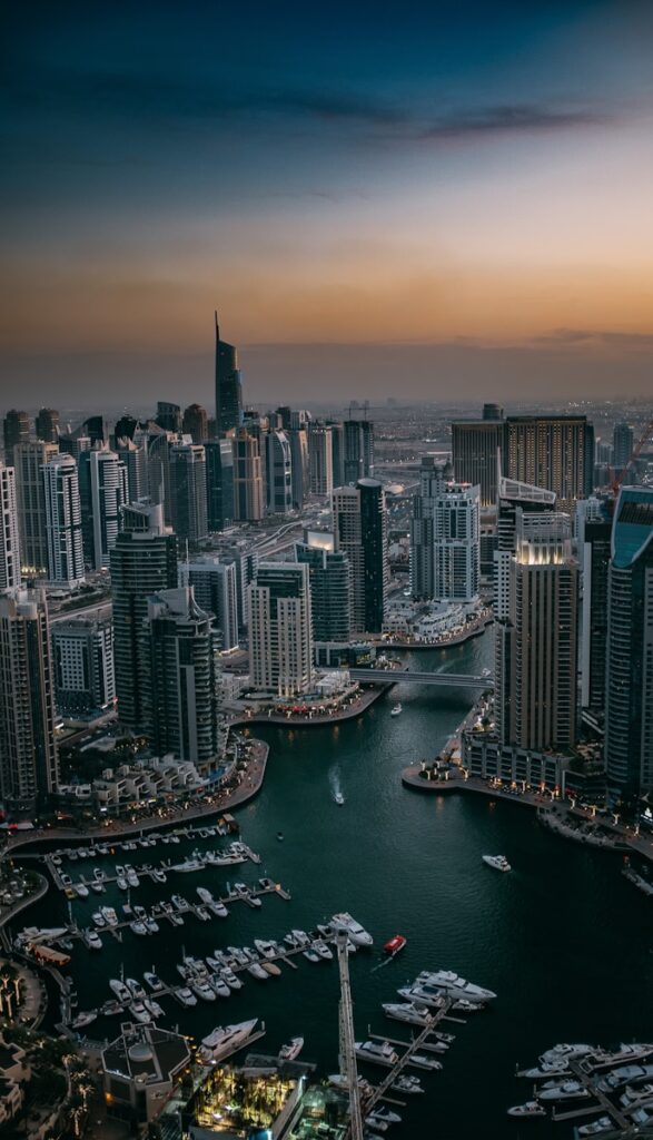 Aerial view of the modern skyline of Downtown Dubai