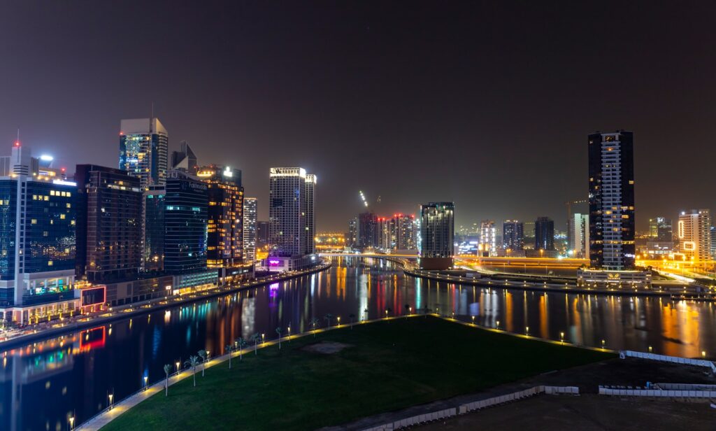 A view of the Dubai business bay at night