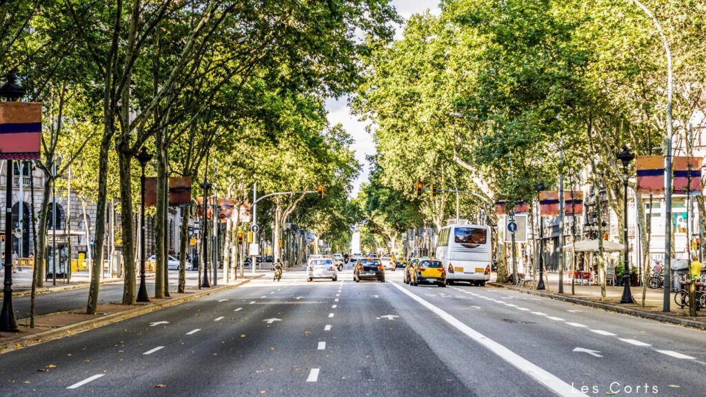 Tree-lined street in Les Corts, a desirable neighborhood in Barcelona for students, known for its peaceful residential areas and excellent educational institutions, making it a top student-friendly neighborhood and a preferred choice for where to live in Barcelona as a student.