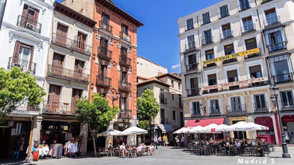 Picturesque square in a family-friendly part of Madrid.