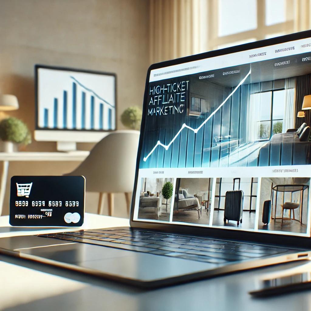 A sleek modern laptop on a professional desk displaying a webpage with travel services and luxury room rentals, with a blurred upward-trending graph in the background, symbolizing financial success in high-ticket affiliate marketing.